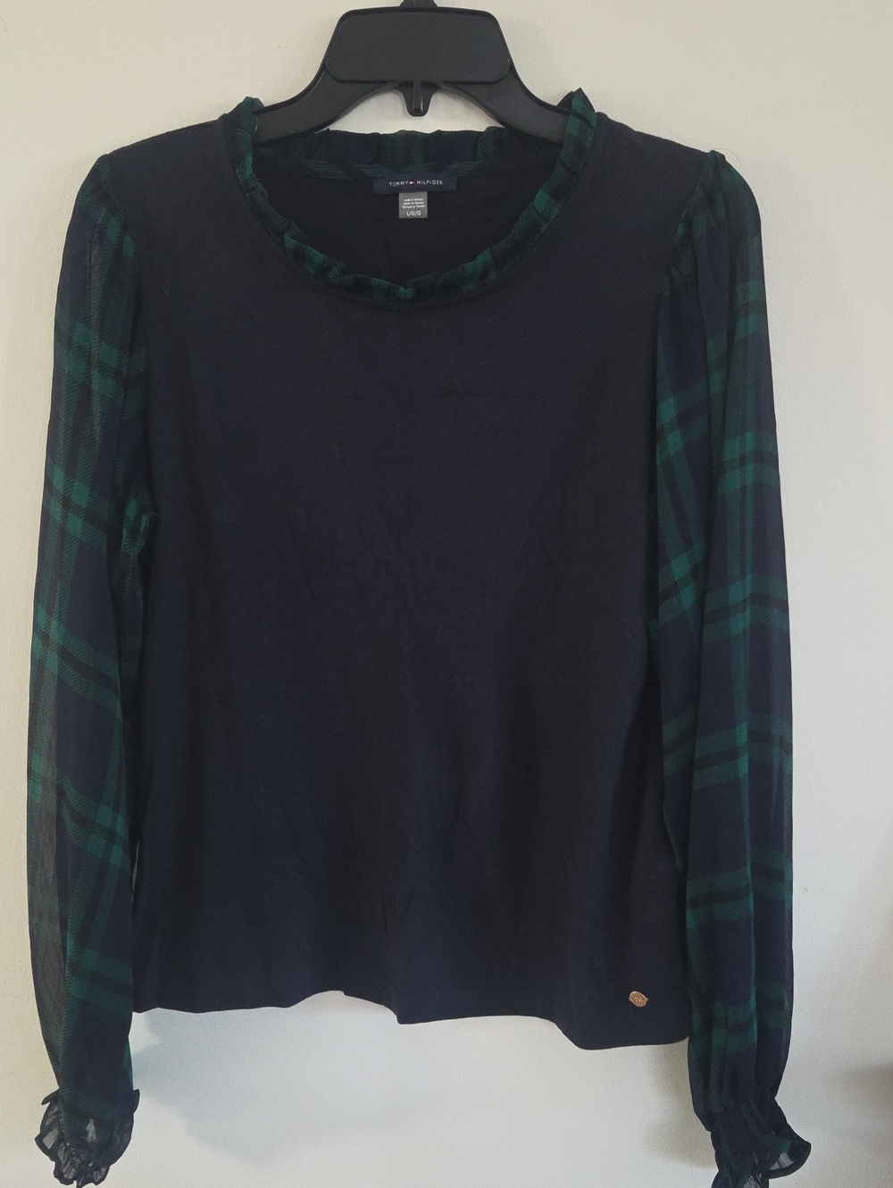 Tommy Hilfiger Navy Sweater with Green Plaid Sleeves and Ruffled Neck